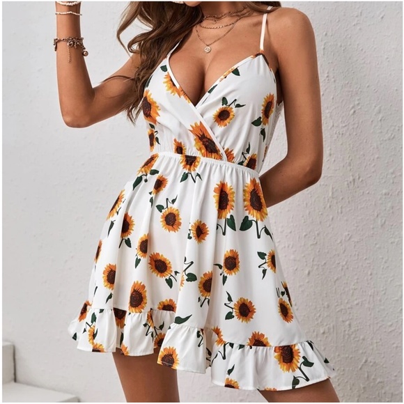Boho Sunflower Floral Print Lace Mini Dress - Picture 4 of 4